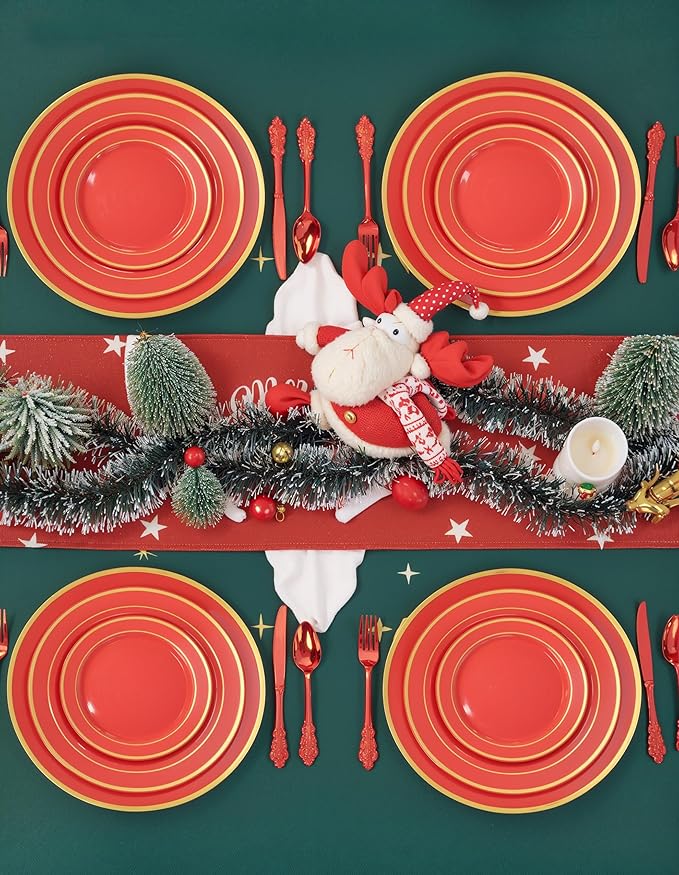 WDF 25PCS Red Plastic Charger Plates - 12inch Red and Gold Chargers for Dinner - Disposable Charge Plates - Perfect for Valentine's Day/Party/Elegant Tabletop Decor