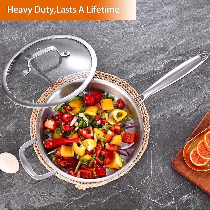 DELARLO Tri-Ply Stainless Steel 10 Inch Frying Pan,3 Quart Saut챕 Pan with lid,Compatible with All Cooktops,Oven Up to 660??Chicken Fryer,Dishwasher-Friendly
