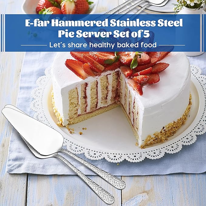 5-Piece Pie Server, E-far Hammered Stainless Steel Cake Server Spatula Cutter for Pastry Cheese Pizza, Serrated Edge with Round Handle, Mirror Polished & Dishwasher Safe-9 Inch