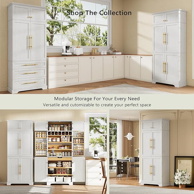 Merax 78.2" Tall Kitchen Pantry Storage Cabinet, Farmhouse Freestanding Large Cupboard with Hidden Drawer, Cabinet, 4 Adjustable Shelves, 8 Door-Shelf & 7 Wine Rack for Dining Room, White