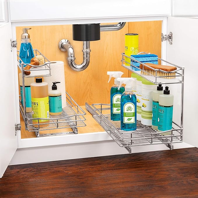 LYNK PROFESSIONAL짰 Pull Out Under Sink Kitchen Cabinet Organizer - 11.5 in. x 18 inch deep Drawer - Sliding Shelf Organizer for Cabinets and Undersink Storage Shelves - Lifetime Ltd. Warranty ??Chrome