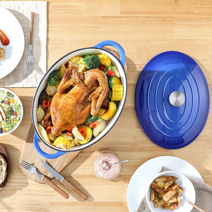 Velaze 7.5 QT Enameled Oval Dutch Oven Pot with Lid, Cast Iron Dutch Oven with Dual Handles for Bread Baking, Cooking, Frying, Non-stick Enamel Coated Cookware竊뉰lue)