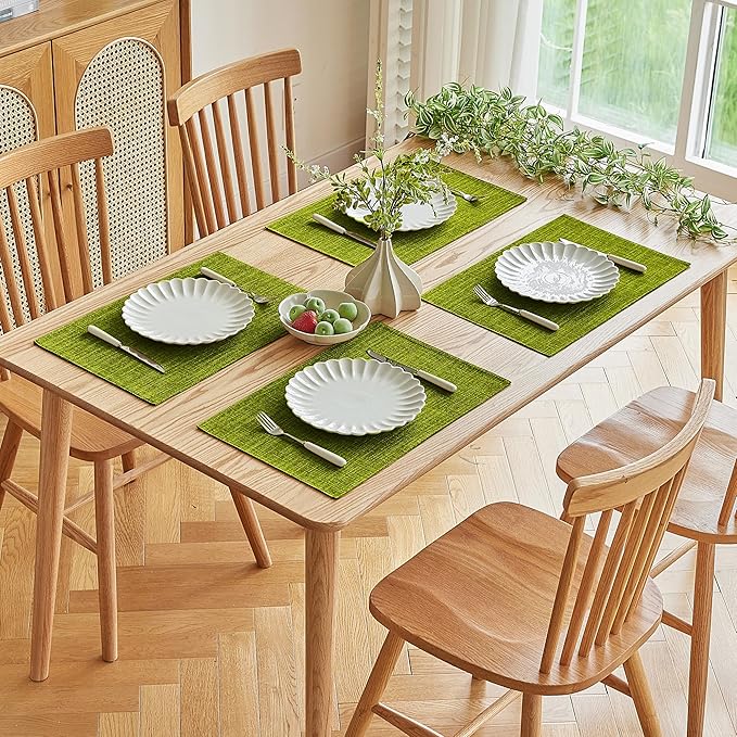 Softalker Faux Linen Placemats Set of 8-12 x 18 Inch, Heat Resistant Double Layered Durable Burlap Farmhouse Place Mats, Non-Slip Washable Rustic Table Mats for Dining, Kitchen, Party竊뉽ime Green