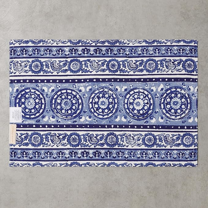 Maison d' Hermine Placemats Set of 2 100% Cotton Washable Cloth Place Mats, Reusable Table Mats for Kitchen Dining Decoration, Party, Wedding, Restaurant Spring/Summer (Melodie Bleue, 13" x 19")