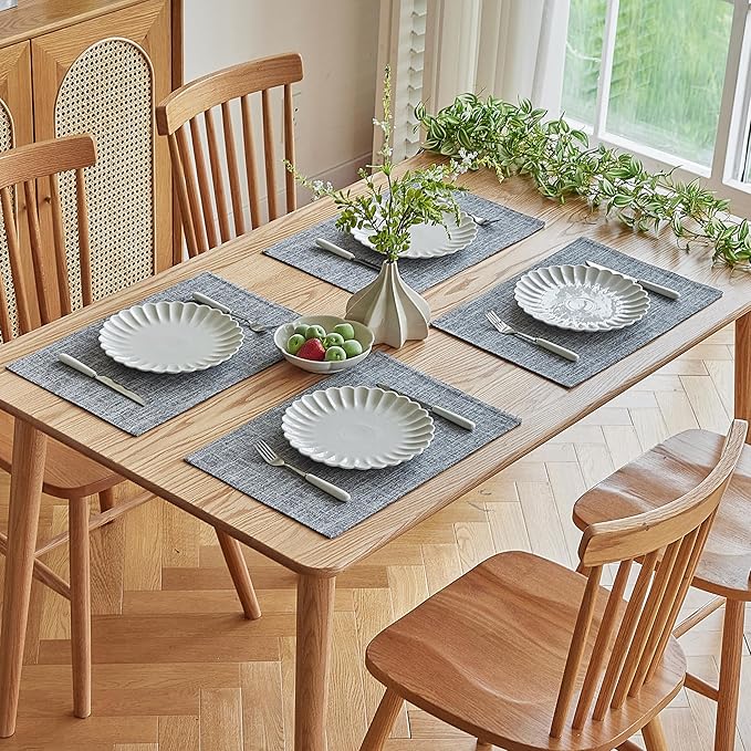 Softalker Faux Linen Placemats Set of 8-12 x 18 Inch, Heat Resistant Double Layered Durable Burlap Farmhouse Place Mats, Non-Slip Washable Rustic Table Mats for Dining, Kitchen, Party竊뉽ight Grey