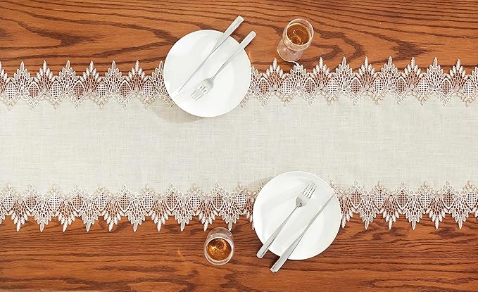 Raedan Natural Linen Table Runner 108 inches Neutral Earth Tones Beige Lace Handcrafted Table Runners Dresser Scarf for Spring Easter Summer Kitchen Wedding Party, Machine Washable (Natural, 16?쓝108??