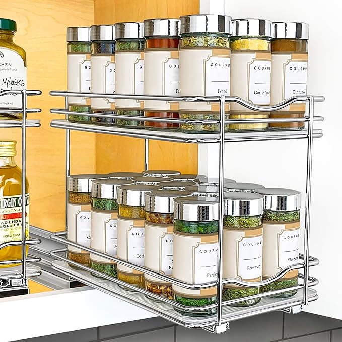 LYNK PROFESSIONAL짰 Pull Out Spice Rack Organizer for Inside Kitchen Cabinets - 6-3/8 inch Wide - Slide Out Drawer ??Chrome Sliding Spice Cabinet Organization Shelf Racks - 2 Tier