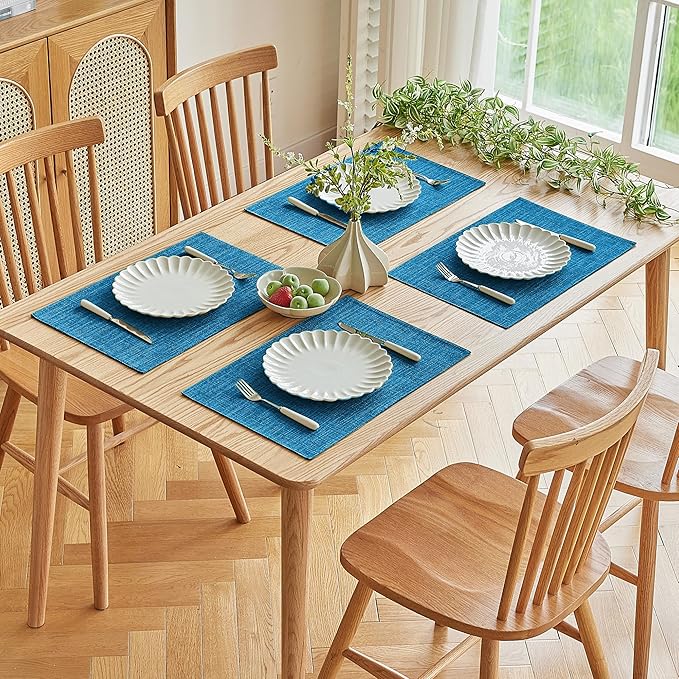 Softalker Faux Linen Placemats Set of 8-12 x 18 Inch, Heat Resistant Double Layered Durable Burlap Farmhouse Place Mats, Non-Slip Washable Rustic Table Mats for Dining, Kitchen, Party竊늆ky Blue