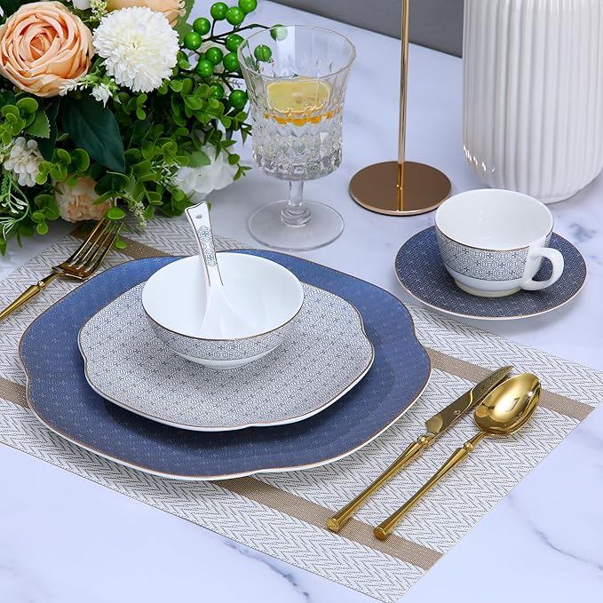 Blue 24 Piece Porcelain Dinnerware Set,Bone china for 4, Plates and Bowls Sets With Grid pattern, Highly Chip and Crack Resistant | Dishwasher Safe Dishes Set (Deep Blue + Grid)