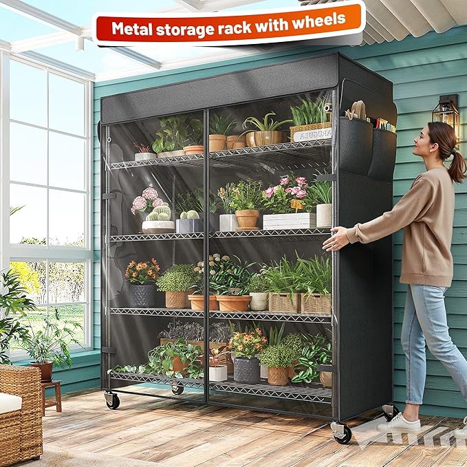 REIBII 45''W Storage Shelves Waterproof Metal Shelving with Cover Dustproof, Wire Shelving Unit Covers & Wheels Garage Storage Rack Wire Shelf for Kitchen Pantry, Storage Room, 45Wx17.72Dx72.83H