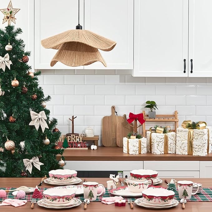 Bico Ribbon Christmas Scalloped Salad Plates Set of 4, 8.75 Inch Ceramic Dessert Plates for Salad, Appetizer, Side Dishes, Microwave and Dishwasher Safe, Gift for Housewarming and Christmas