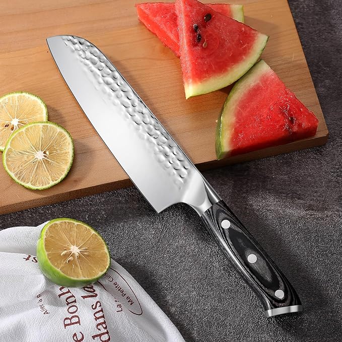FXFSTEEL Santoku Knife - 7 Inch German 1.4116 High Carbon Steel Kitchen Knife with Pakka Wood Handle, Razor-Sharp Japanese Chef Knife for Precise Chopping, Birthday Gifts for Men/Women, Style A