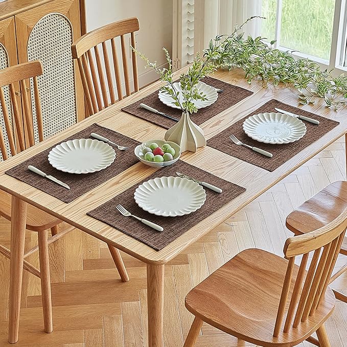 Softalker Faux Linen Placemats Set of 8-12 x 18 Inch, Heat Resistant Double Layered Durable Burlap Farmhouse Place Mats, Non-Slip Washable Rustic Table Mats for Dining, Kitchen, Party竊뉲ark Brown