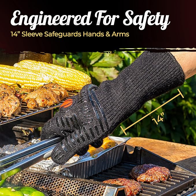 GRILL HEAT AID BBQ Grill Gloves Heat Proof for Grilling ??Fireproof 1472째F Heat-Resistant Grill Mitts for Outdoor Barbecue and Smoker, Campfire, Fire Pit, Oven Glove with Fingers for Baking Pizza