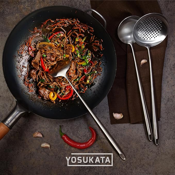 YOSUKATA Carbon Steel Wok Pan ??13,5 ??Stir Fry Pans PLUS 17" Wok Spatula and Ladle Skimmer Spoon - Stainless Steel Cooking Utensils Set