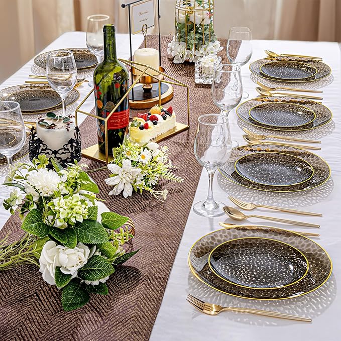 SUT 100Pcs Black Plastic Plates, Hammered Plates Disposable Heavy Duty, Black Disposable Plates With Gold Rim, Fancy Plastic plates Include 50 Dinner plate and 50 Dessert plate for