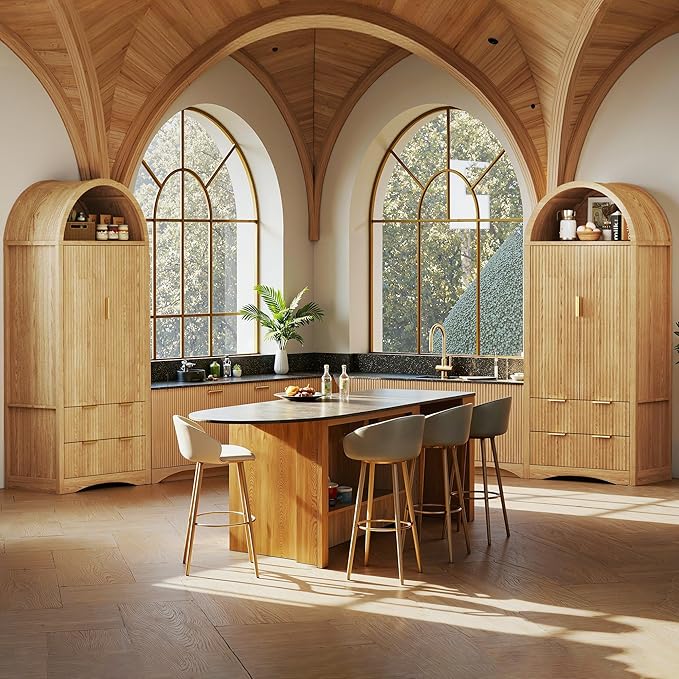 71" Tall Arched Kitchen Pantry, Fluted Pantry Cabinet with Doors, Kitchen Storage Cabinets with 2 Large Drawers and Adjustable Shelves, for Dining Room, Living Room, Natrual