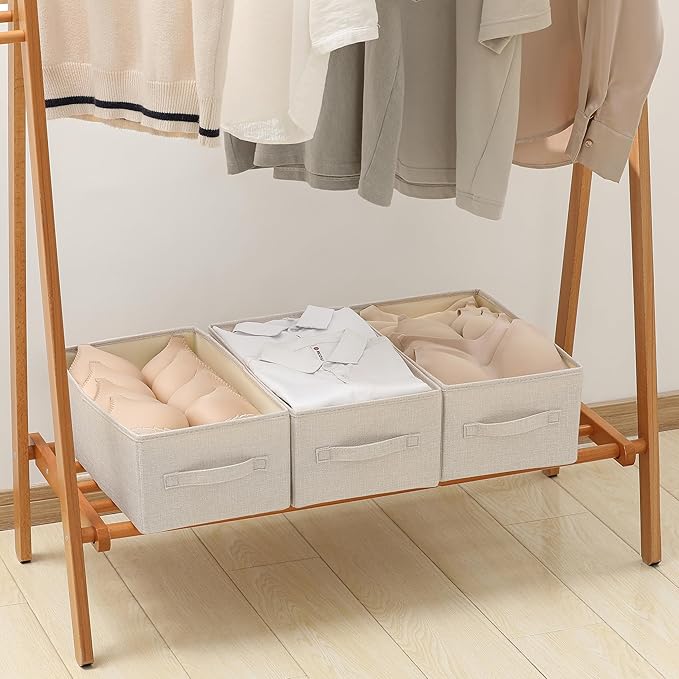 Linen Folding Storage Bins, 3 Pack Large Storage Baskets, Washable, Clothing Storage Bins with Handle, Closet Organizer for Storage Sweater,Sheets (Beige, 16"x9쩍"x6쩐")
