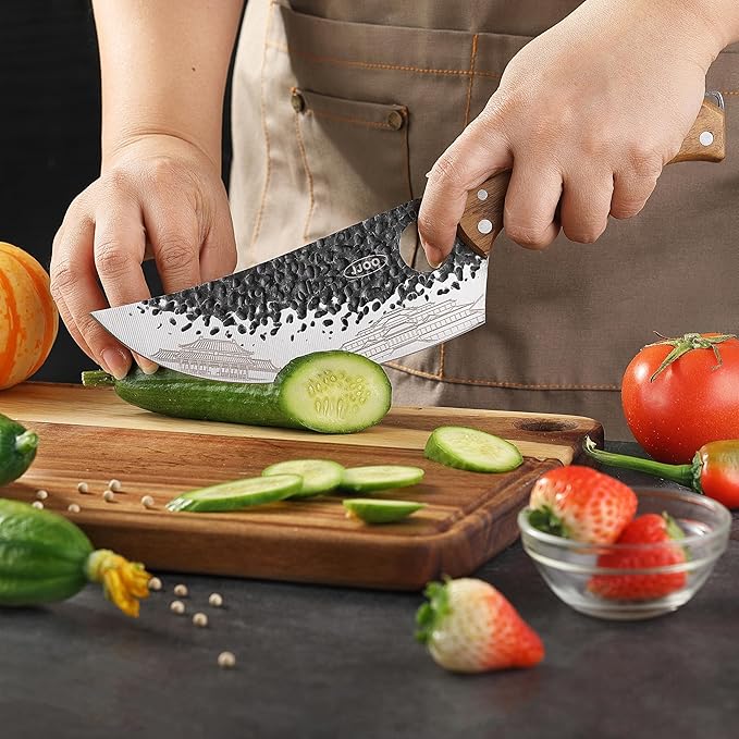 JJOO 3PCS Butcher Knife, Stainless Steel Butcher Knife Set with Wooden Handle, 7" Butcher Meat Cleaver, 7" Serbian Chef Knife and 6.5" Viking Knife, Indoor & Outdoor Use (Stylish Pattern)