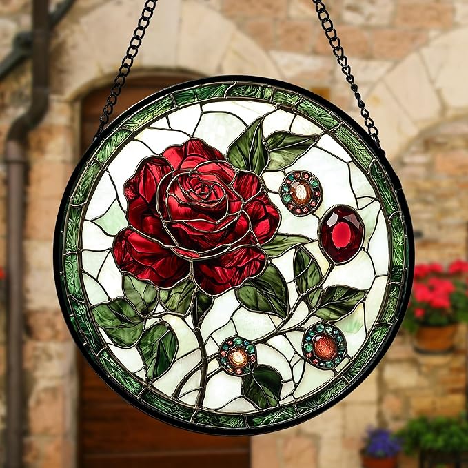 Stained Glass Window Hanging, Red Rose Gemstone Green Sun Catchers Diamond Glass Panel Hangings Suncatcher Decor for Birthday for Women, Men, Wife, Aunt, and Mom 9.8 in