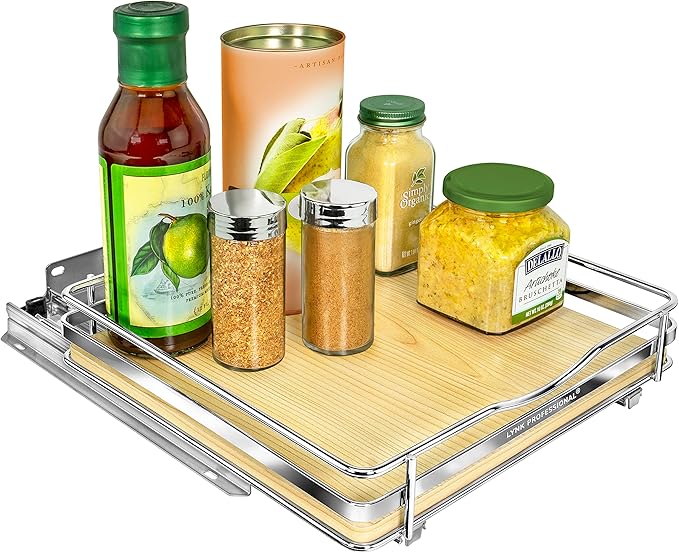 LYNK PROFESSIONAL짰 횋lite??Pull Out Spice Rack Organizer for Inside Kitchen Cabinets - 10-3/8 inch Wide - Slide Out Drawer ??Wood/Chrome Sliding Spice Cabinet Organization Shelf Racks - 1 Tier