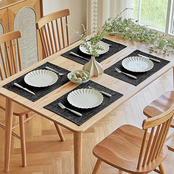 Softalker Faux Linen Placemats Set of 4-12 x 18 Inch, Heat Resistant Double Layered Durable Burlap Farmhouse Place Mats, Non-Slip Washable Rustic Table Mats for Dining, Kitchen, Party竊뉰lack
