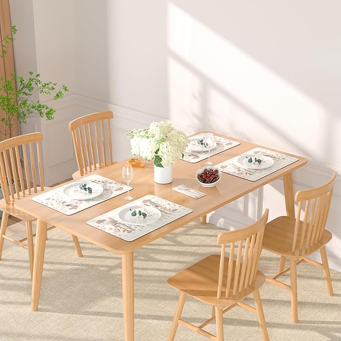 QIYI Placemats Set of 4, 12x18 Inch Faux Leather Place Mats for Kitchen Dinning, Heat Resistant Anti Slip Floral Table Mats, Waterproof Wipeable Washable Placemat Party Beige Table D챕cor, Pink Flowers