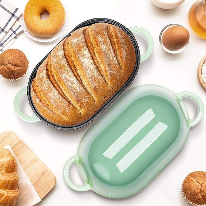 Homikit Enameled Cast Iron Dutch Oven for Bread Baking, 2.8 QT Oval Bread Oven Pot with Lid, Sourdough Loaf Iron Dutch Oven Pan for Roasting Cooking, Pistachio Green & Heavy Duty
