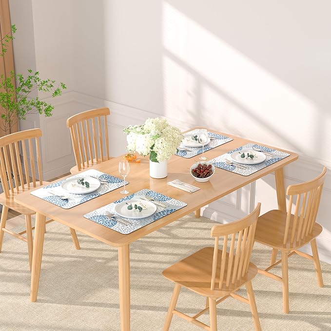 QIYI Placemats Set of 6, 12x18 Inch Faux Leather Place Mats for Kitchen Dinning, Heat Resistant Anti Slip Flower Table Mats, Waterproof Wipeable Washable Placemat Party Table D챕cor, Blue Floral Burst