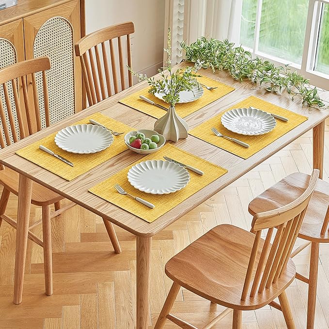 Softalker Faux Linen Placemats Set of 6-12 x 18 Inch, Heat Resistant Double Layered Durable Burlap Farmhouse Place Mats, Non-Slip Washable Rustic Table Mats for Dining, Kitchen, Party竊늍ellow