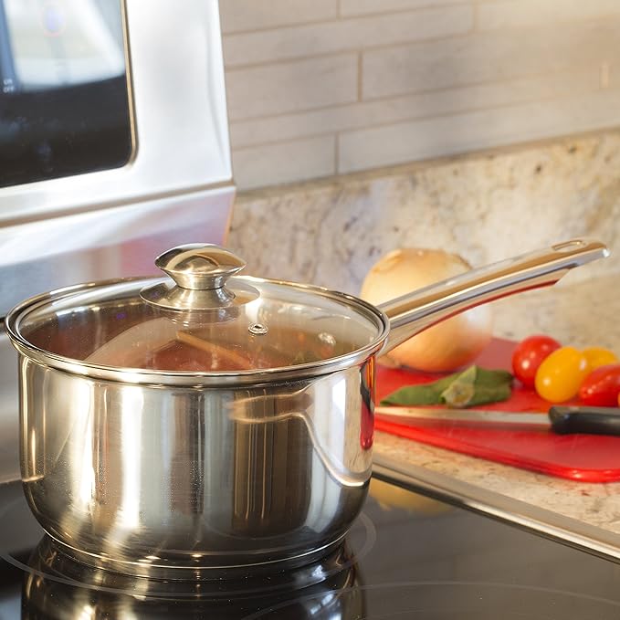 Ecolution Stainless Steel Sauce Pan, Encapsulated Induction Ready Cooking Pot with Glass Lid, Oven Safe, Dishwasher Safe Soup Pot, 3-Quart