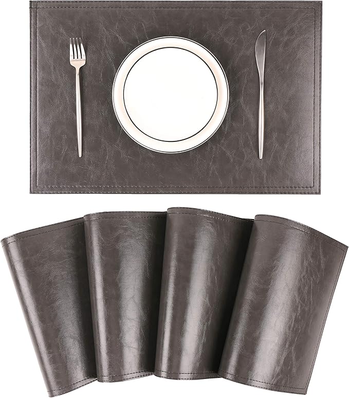 Jovono Waterproof PU Placemats, Faux Leather Dining Table Mat, Set of 8, Easy to Wipe Off Scrub Vinyl Mat, Heat & Stain Resistant for Office Conference Table, Home D챕cor Grey