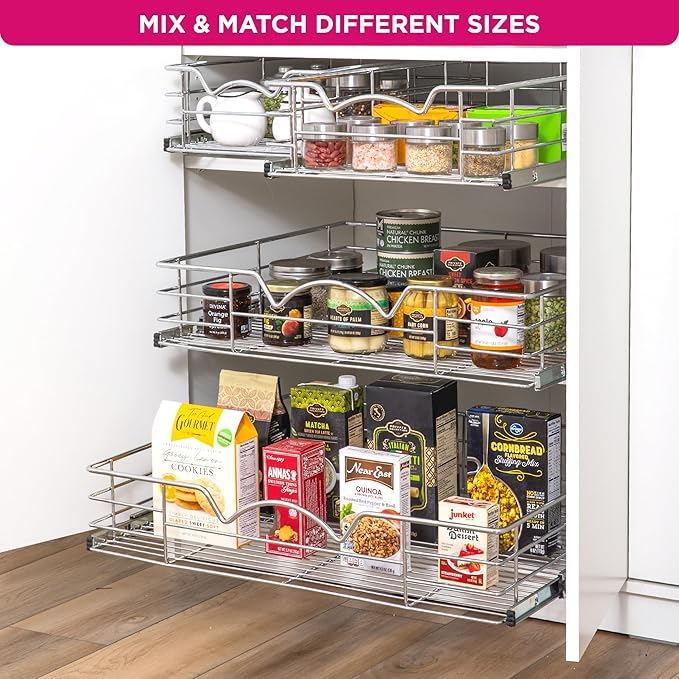 HOLDN??STORAGE Heavy-Duty Premium Collection Pull Out Cabinet Organizer, Cabinet Drawer Slide Outs, Lifetime Limited Warranty - Basket Size 20" W x 21" D x 5" H, Anti-Rust Chrome Finish
