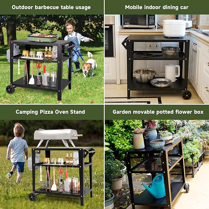LEETOLLA Black Outdoor Grill Cart with Wheels, Heavy-Duty 3-Tier BBQ Prep Table for Pizza Oven, Griddle, Patio ??Rustproof Commercial Kitchen Cart with Tool Hooks