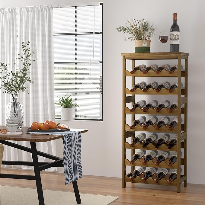 28-Bottle Wine Rack Free Standing Floor, Solid Wood 7-Tier Display Wine Storage Shelves with Tabletop, Wobble-Free Bottle Holder for Cellar Kitchen Bar Dining Room Living Room, Light Brown