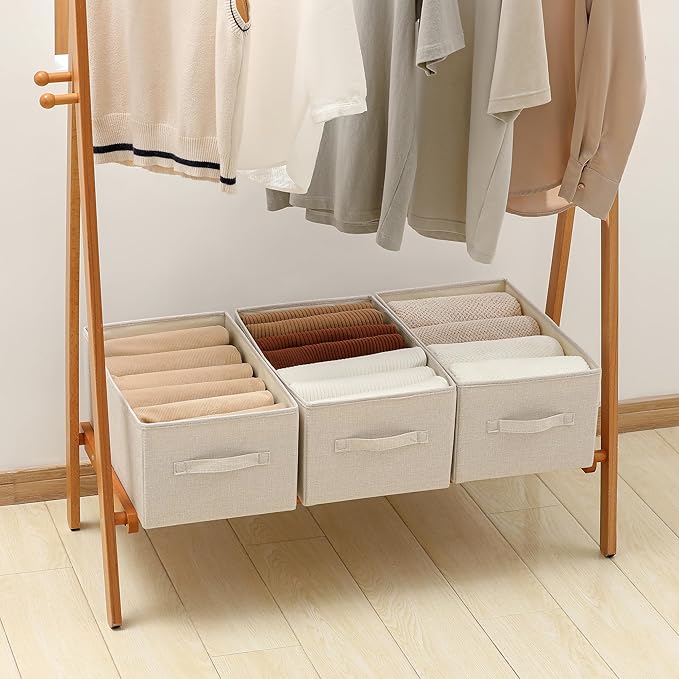 Linen Folding Storage Bins, 3 Pack Large Storage Baskets, Washable, Clothing Storage Bins with Handle, Closet Organizer for Storage Sweater,Sheets(Beige, 18쩍"x11" x8쩍")