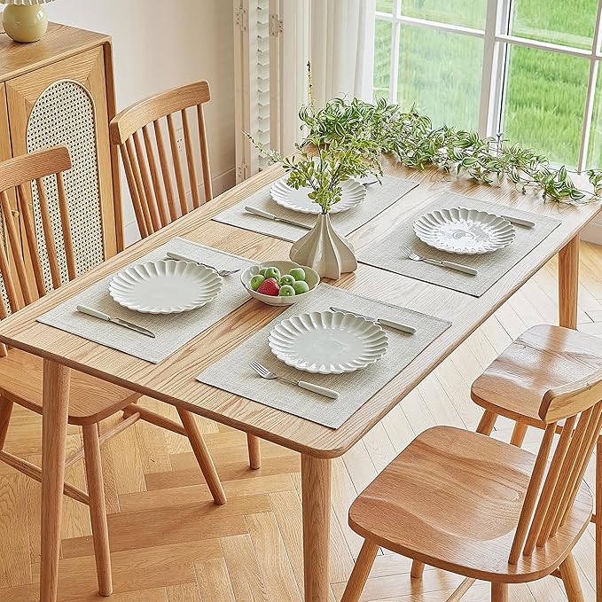 Softalker Faux Linen Placemats Set of 4-12 x 18 Inch, Heat Resistant Double Layered Durable Burlap Farmhouse Place Mats, Non-Slip Washable Rustic Table Mats for Dining, Kitchen, Party竊뉱ream