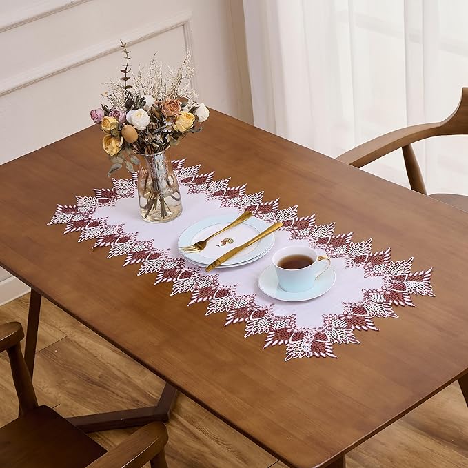 Raedan Natural Linen Table Runner 120 inches Neutral Earth Tones Beige Lace Handcrafted Coffee Table Runners Dresser Scarf for Spring Easter Summer Kitchen Wedding Party (16?쓝120?? Dark Red)