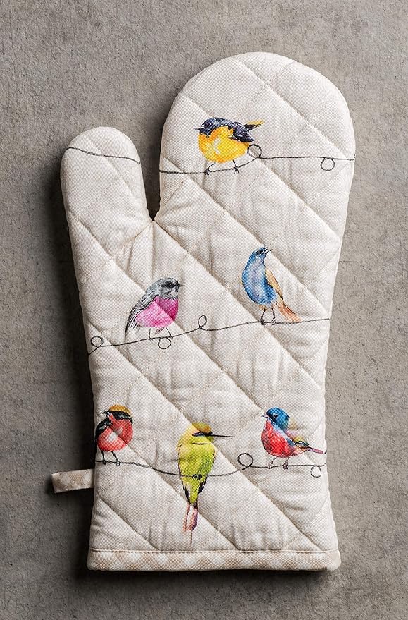 Maison d' Hermine 100% Cotton Oven Mitt & Pot Holder Set (7.5"x13" & 8"x8") Heat Resistant BBQ Cooking Gloves with Loop, Baking, Grilling, Kitchen, Handling Hot Pans Spring/Summer (Birdies On Wire)