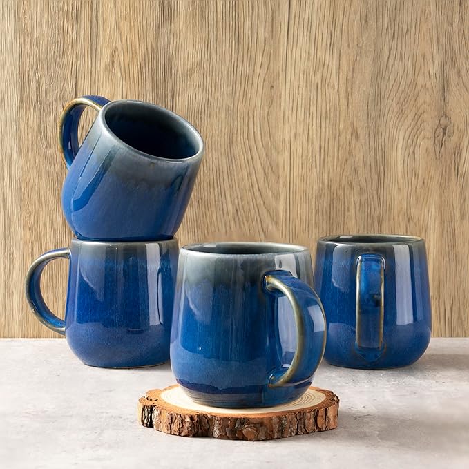bestone Coffee Mugs Set of 4竊?5 oz Large Coffee Mugs, Ceramic Mugs with Handles,etc Coffee Mugs, Cups for Coffee Cereal Latte 竊똌icrowave & Dishwasher safe竊똃ark Blue