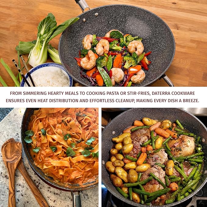 DaTerra Cucina Nonstick Family Bundle ??13" Frying Pan, 13" Wok with Lid, 8 Qt Dutch Oven with Lid ??Oven Safe, Ceramic Nonstick, PTFE & PFOA Free ??Made in Italy, Volcanic Black Speckled