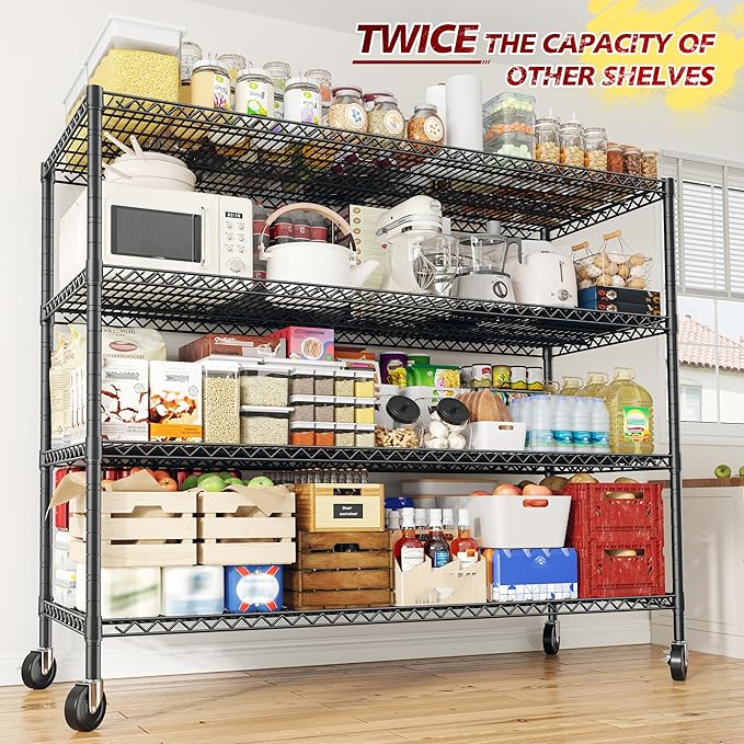REIBII 75.6" H Storage Shelves Metal Shelving Unit with Wheels 55''W Garage Shelving Heavy Duty Wire Shelves for Storage Rack Adjustable Pantry Shelf Commercial Shelving,75.6" H X 55.5''W X 24" D