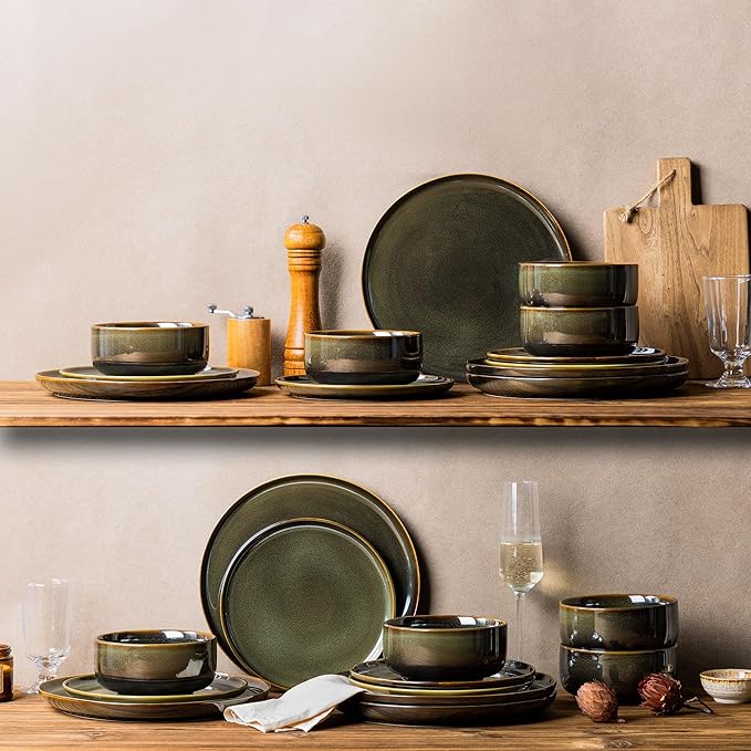 TheTerra Ceramic Dinnerware Sets for 6, 18 Pieces Handmade Reactive Glaze Plates and Bowls Set, Scratch Resistant Dish Set, Oven & Microwave & Dishwasher Safe, Olive Green