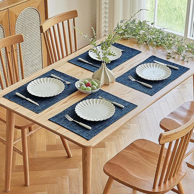 Softalker Faux Linen Placemats Set of 6-12 x 18 Inch, Heat Resistant Double Layered Durable Burlap Farmhouse Place Mats, Non-Slip Washable Rustic Table Mats for Dining, Kitchen, Party竊뉿avy Blue