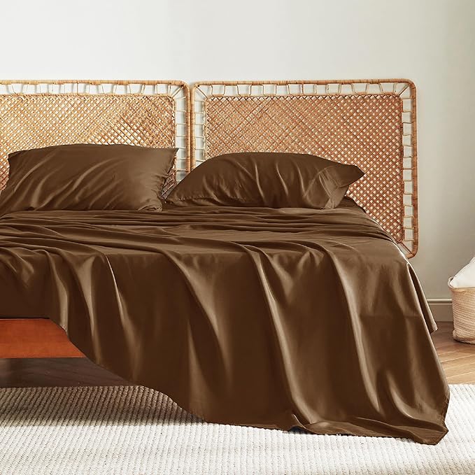Bedsure California King Sheet Sets, Cooling Sheets for Hot Sleepers, Rayon Derived from Bamboo, Breathable & Soft, Deep Pocket Up to 16 Inches, Hotel Luxury Silky Bedding, Brown