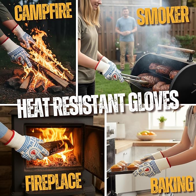 GRILL HEAT AID BBQ Grill Gloves 1472째F - Extreme Heat Resistant Oven Mitts for Grilling, Smoker & Fire Pit with Silicone Grip & EN407 Cut Resistance - Short Cuff, White & Blue
