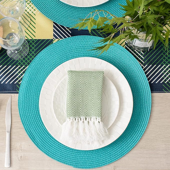 AHHFSMEI Round Braided Placemats 15 Inch Round Table Mats for Dining Tables Natural Woven Heat Resistant Place mats Set of 6 (Turquoise)