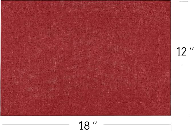 KNOKNO Home Pure Hemp Placemats 18 x 12 Inch Set of 4 Handcrafted with Mitered Corners Natural Fabric,Machine Washable Table Mats for Dining Tables (Red Garnet, Placemats | Set of 4)