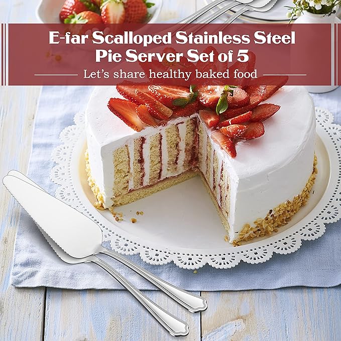 5-Piece Pie Server, E-far Stainless Steel Cake Server Spatula Cutter for Pastry Cheese Pizza, Serrated Edge with Scalloped Handle, Mirror Polished & Dishwasher Safe-9 Inch