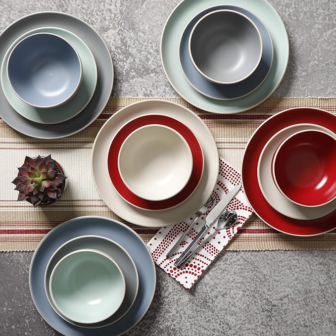 Gibson Home Rockaway 12-Piece Round Stoneware Dinnerware Set, Service for 4 ??Cream Plates and Bowls, Modern Matte Finish, Microwave & Dishwasher Safe